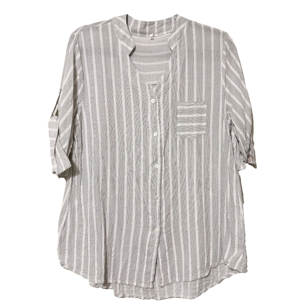 Womens Office Professional Striped Pocket Roll Tab Short Sleeve Button Up Top XL